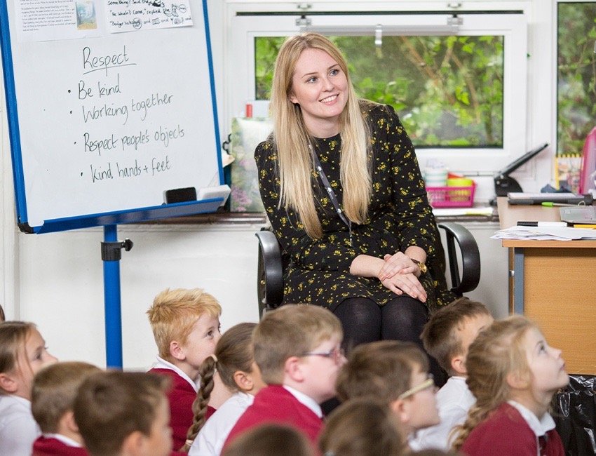 Teacher sitting with primary school children in a classroom.
